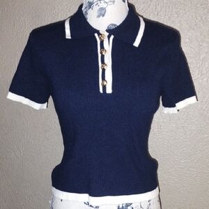 Navy Blue Polo Collar Women's Top